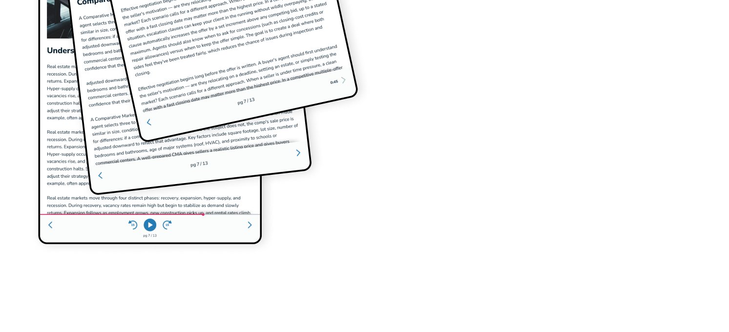 Three fanned tablet screens showing the course player interface