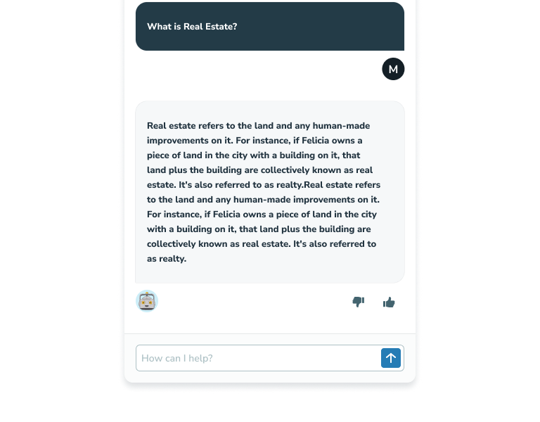 Virtual instructor chat interface showing a student conversation about real estate concepts